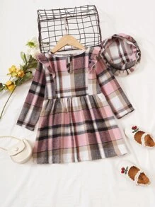 小女童格紋荷葉邊羊毛混紡洋裝和帽不附帶包