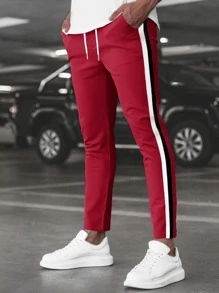 Manfinity Quần Nam Dây kéo Túi Ruy băng Sọc bên Sọc Giải trí - Màu Đỏ Sâu - Xem 1