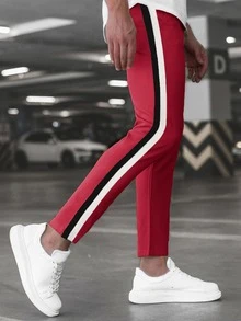 Manfinity Quần Nam Dây kéo Túi Ruy băng Sọc bên Sọc Giải trí - Màu Đỏ Sâu - Xem 4