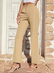 高腰喇叭褲 - 卡其色 - 查看 1