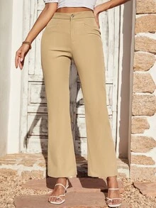 高腰喇叭褲 - 卡其色 - 查看 6