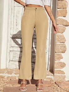 高腰喇叭褲 - 卡其色 - 查看 7