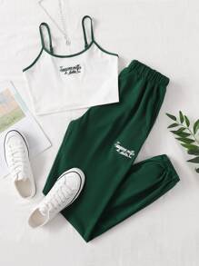 SHEIN Unity Slogan Graphic Contrast Binding Cami Top & Joggers - Multicolor - View 1