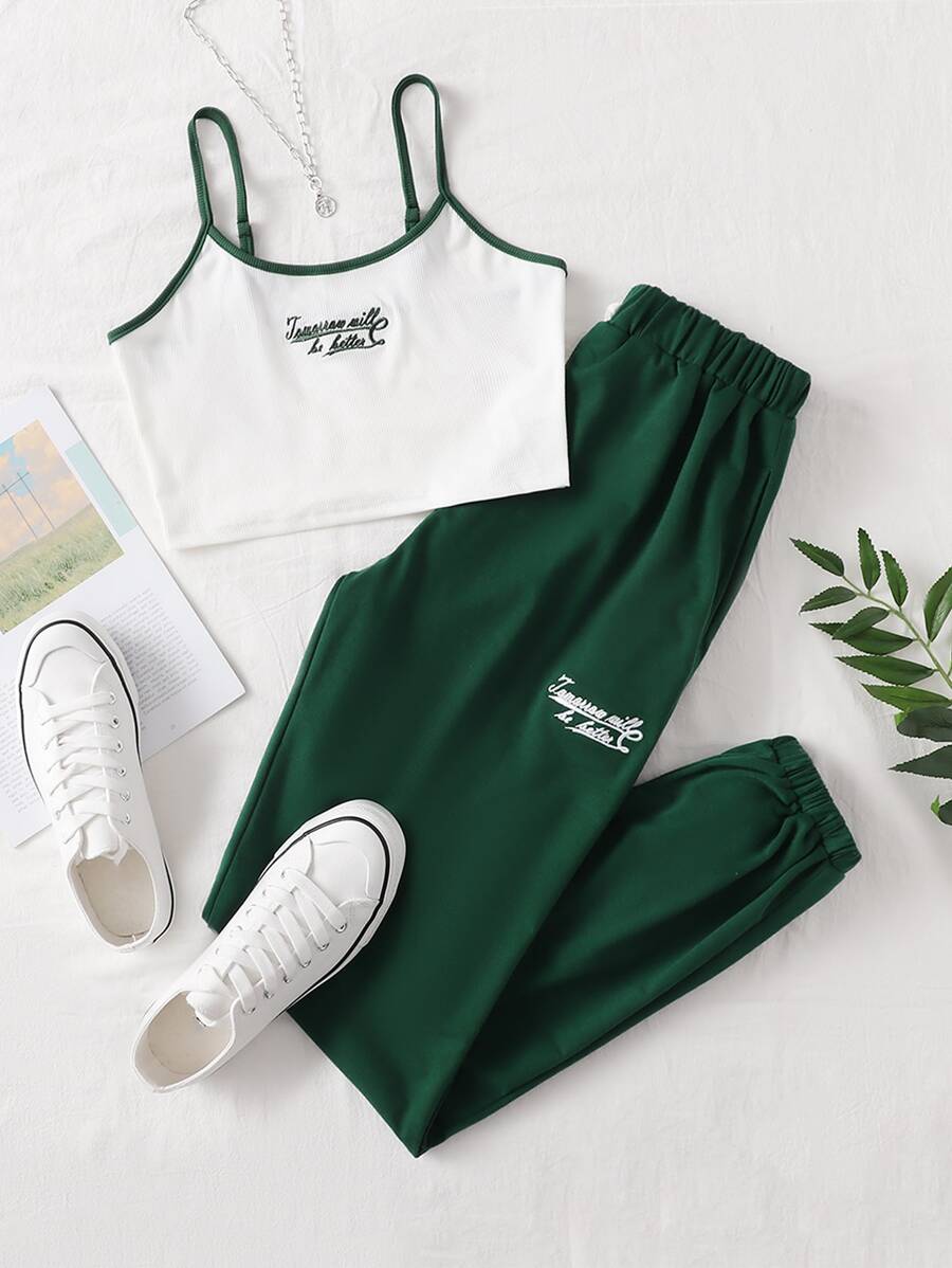 SHEIN Unity Slogan Graphic Contrast Binding Cami Top & Joggers - Multicolor - View 1
