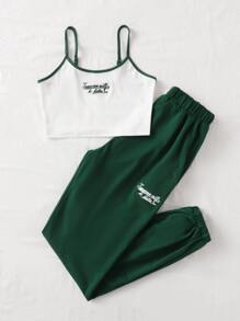 SHEIN Unity Slogan Graphic Contrast Binding Cami Top & Joggers - Multicolor - View 4