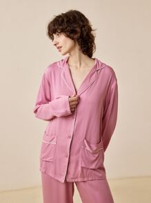 LUVLETTE Bộ đồ ngủ Nữ Túi Tương phản ràng buộc Nút phía trước màu trơn Giải trí - Bụi hồng - Xem 1