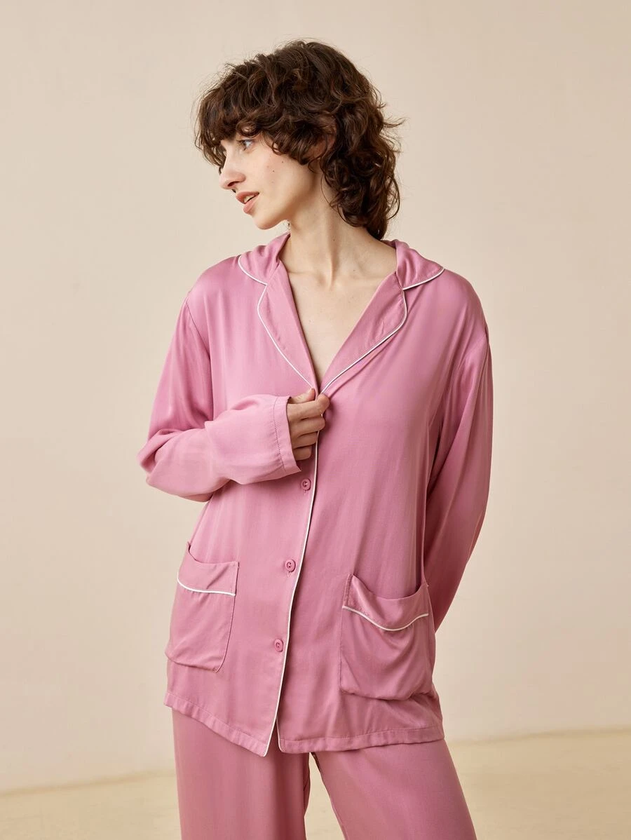 LUVLETTE Bộ đồ ngủ Nữ Túi Tương phản ràng buộc Nút phía trước màu trơn Giải trí - Bụi hồng - Xem 1