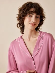 LUVLETTE Bộ đồ ngủ Nữ Túi Tương phản ràng buộc Nút phía trước màu trơn Giải trí - Bụi hồng - Xem 8