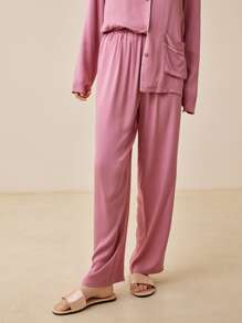 LUVLETTE Bộ đồ ngủ Nữ Túi Tương phản ràng buộc Nút phía trước màu trơn Giải trí - Bụi hồng - Xem 9