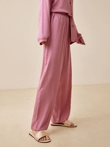 LUVLETTE Bộ đồ ngủ Nữ Túi Tương phản ràng buộc Nút phía trước màu trơn Giải trí - Bụi hồng - Xem 5