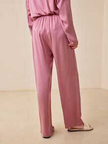 LUVLETTE Bộ đồ ngủ Nữ Túi Tương phản ràng buộc Nút phía trước màu trơn Giải trí - Bụi hồng - Xem 6