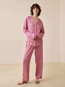 LUVLETTE Bộ đồ ngủ Nữ Túi Tương phản ràng buộc Nút phía trước màu trơn Giải trí - Bụi hồng - Xem 7