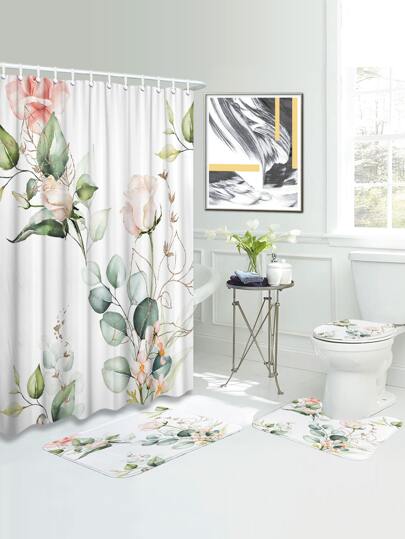 1pc Floral Pattern Bath Rug Or 1pc Shower Curtain Home Bathroom Decor Floor Carpet Outdoor Rug Door Mat Fall Decor Bathroom Accessories Back To School Entryway Decor