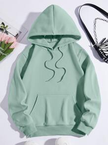 SHEIN EZwear 袋鼠口袋素色加絨內裏連帽衫