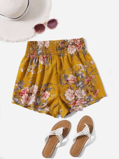 SHEIN VCAY Shirred Waist Floral Shorts