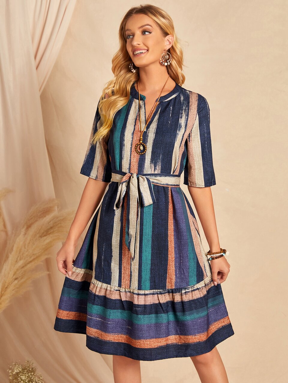 Brush Print Belted Ruffle Hem Dress,Tea Party Dress,Summer Dresses For Women