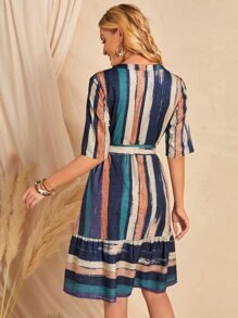 EMERY ROSE Brush Print Belted Ruffle Hem Dress,Tea Party Dress,Summer Dresses For Women - Multicolor - View 3