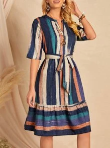EMERY ROSE Brush Print Belted Ruffle Hem Dress,Tea Party Dress,Summer Dresses For Women - Multicolor - View 1