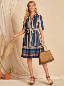 EMERY ROSE Brush Print Belted Ruffle Hem Dress,Tea Party Dress,Summer Dresses For Women - Multicolor - View 4