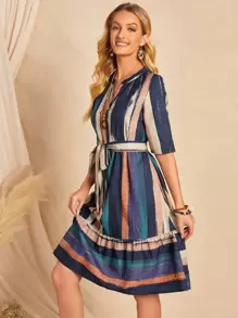 EMERY ROSE Brush Print Belted Ruffle Hem Dress,Tea Party Dress,Summer Dresses For Women - Multicolor - View 5