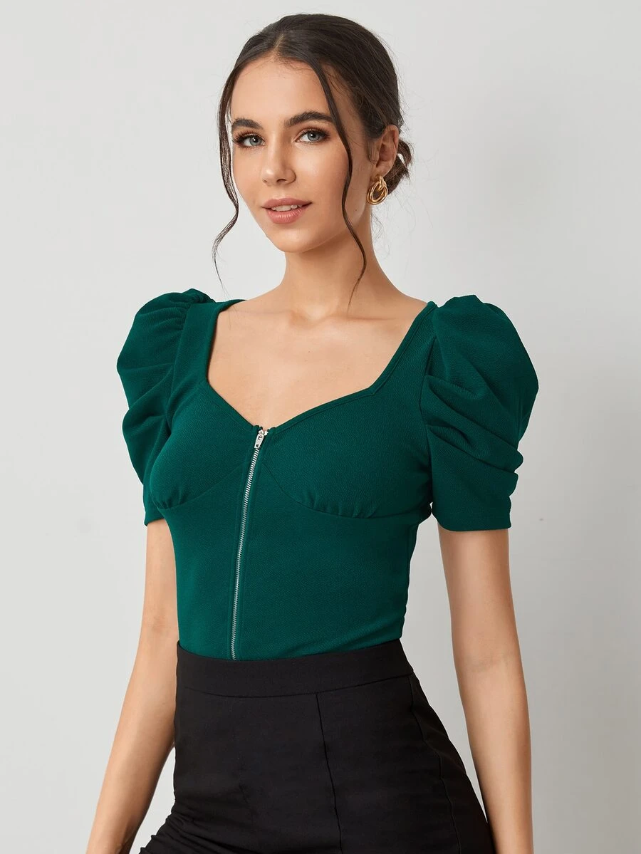 SHEIN Privé 雞心領前拉鏈羊腿袖襯衫 - 墨綠色 - 查看 1