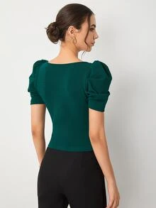 SHEIN Privé 雞心領前拉鏈羊腿袖襯衫 - 墨綠色 - 查看 2