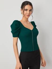 SHEIN Privé 雞心領前拉鏈羊腿袖襯衫 - 墨綠色 - 查看 3