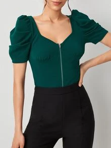 SHEIN Privé 雞心領前拉鏈羊腿袖襯衫 - 墨綠色 - 查看 4