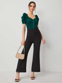 SHEIN Privé 雞心領前拉鏈羊腿袖襯衫 - 墨綠色 - 查看 5