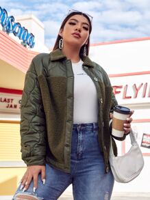 SHEIN Plus Size Contrast Shearling Quilted Padded Coat - Army Green - View 3