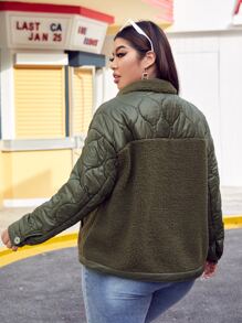 SHEIN Plus Size Contrast Shearling Quilted Padded Coat - Army Green - View 2
