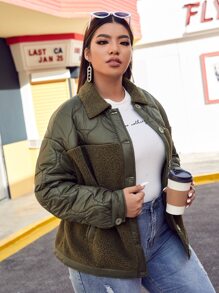 SHEIN Plus Size Contrast Shearling Quilted Padded Coat - Army Green - View 5