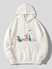 ROMWE MEN Hombres Capucha con estampado de figura con cordón - Blanco - Ver 1
