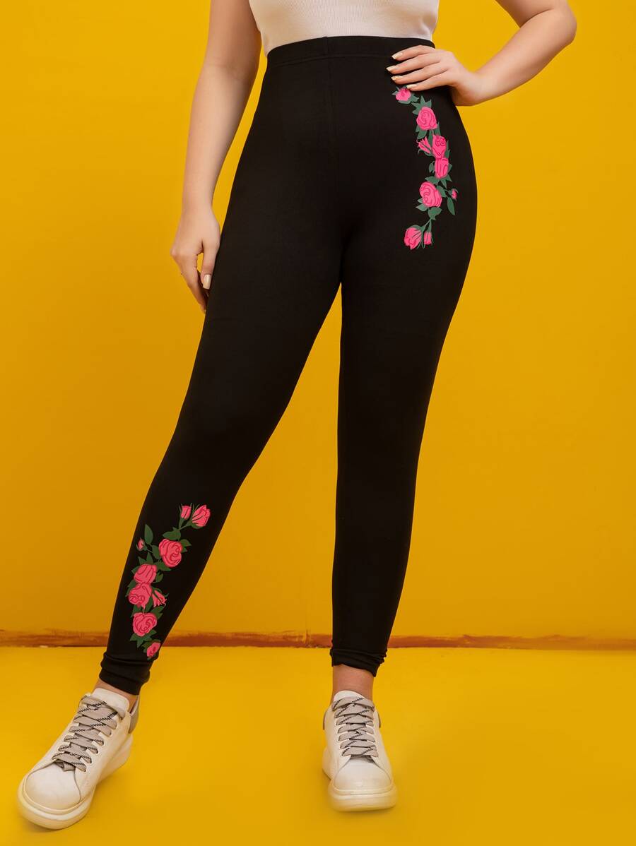 Leggings con estampado de rosa - Negro - Ver 1