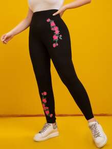 Leggings con estampado de rosa - Negro - Ver 5