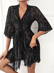 Áo choàng Nữ Thắt lưng cắt Trọn gói Hoa Gợi cảm - màu đen - Xem 3