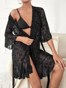 Áo choàng Nữ Thắt lưng cắt Trọn gói Hoa Gợi cảm - màu đen - Xem 4