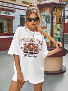 SHEIN EZwear Áo thun nữ Ô tô/xe hơi Lá thư Giải trí - trắng - Xem 3