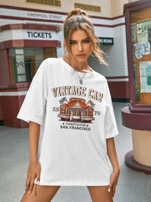 SHEIN EZwear Áo thun nữ Ô tô/xe hơi Lá thư Giải trí - trắng - Xem 4