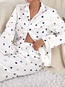 Conjunto de pijama de blusa y pantalones con estampado de corazones de colores y ribete de contraste, conjunto blanco, ropa de otoño - Blanco - Ver 1