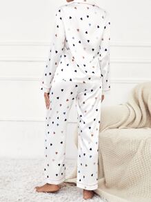 Conjunto de pijama de blusa y pantalones con estampado de corazones de colores y ribete de contraste, conjunto blanco, ropa de otoño - Blanco - Ver 3
