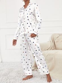 Conjunto de pijama de blusa y pantalones con estampado de corazones de colores y ribete de contraste, conjunto blanco, ropa de otoño - Blanco - Ver 4