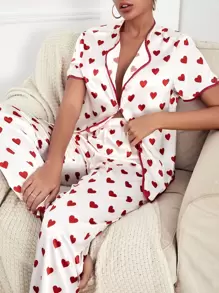 Heart Print Contrast Binding Satin Pajama Set - Red and White - View 1