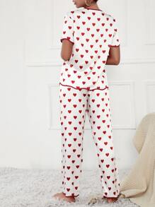 Heart Print Contrast Binding Satin Pajama Set - Red and White - View 2