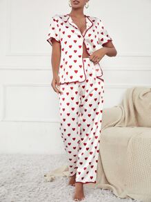 Heart Print Contrast Binding Satin Pajama Set - Red and White - View 4