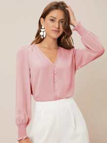 SHEIN Privé V-neck Shirred Button Detail Top - Baby Pink - View 1