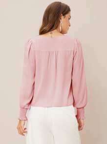 SHEIN Privé V-neck Shirred Button Detail Top - Baby Pink - View 2