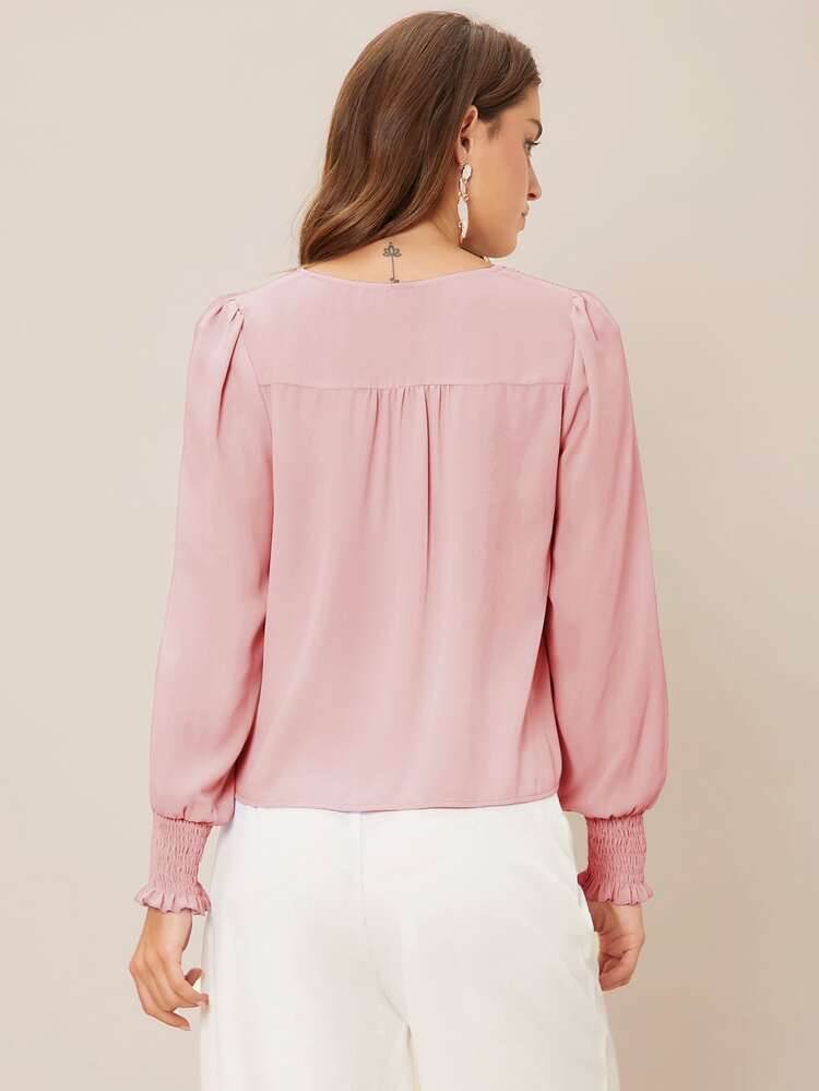 SHEIN Privé V-neck Shirred Button Detail Top - Baby Pink - View 2