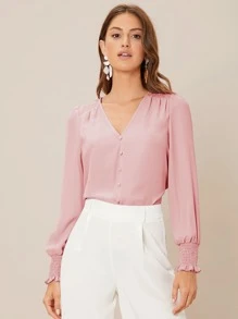 SHEIN Privé V-neck Shirred Button Detail Top - Baby Pink - View 4