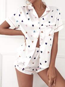 Heart Print Contrast Binding Satin Pyjama Set